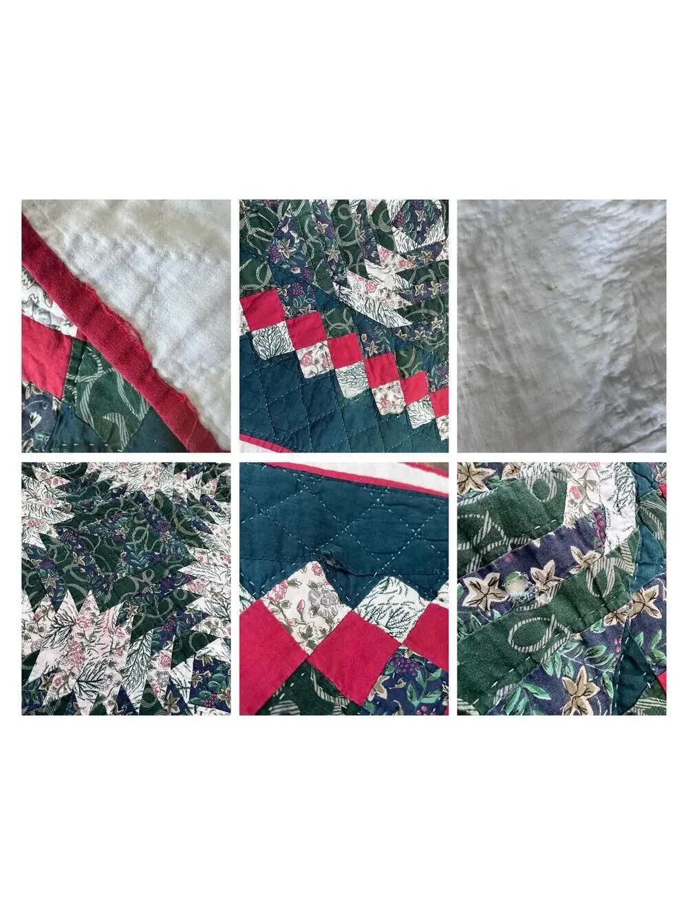 Vintage Handmade Pineapple Patchwork Quilt, 82 x 82 Green Floral Bedspread